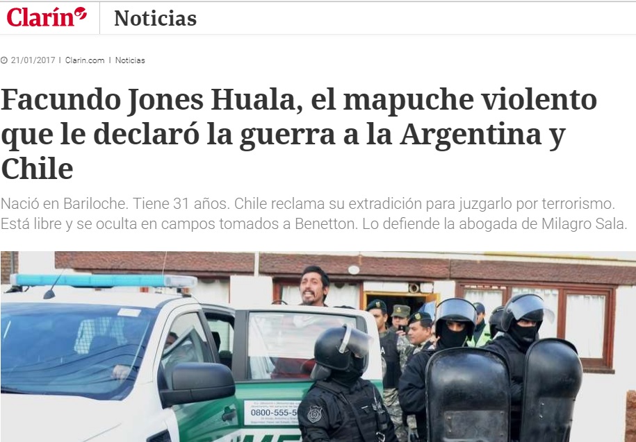 Figura 1: El mapuche violento (2017) Fuente: Clarín, nota de Gonzalo Sánchez, 21 de enero de 2017.